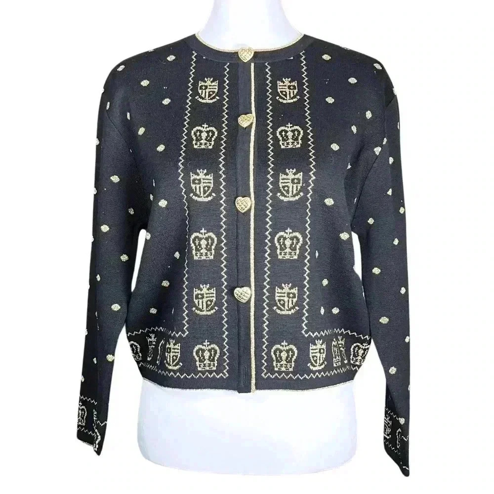90s Vintage Asian Korean Cardigan XS Black Gold Heart Button Maximalist Eclectic
